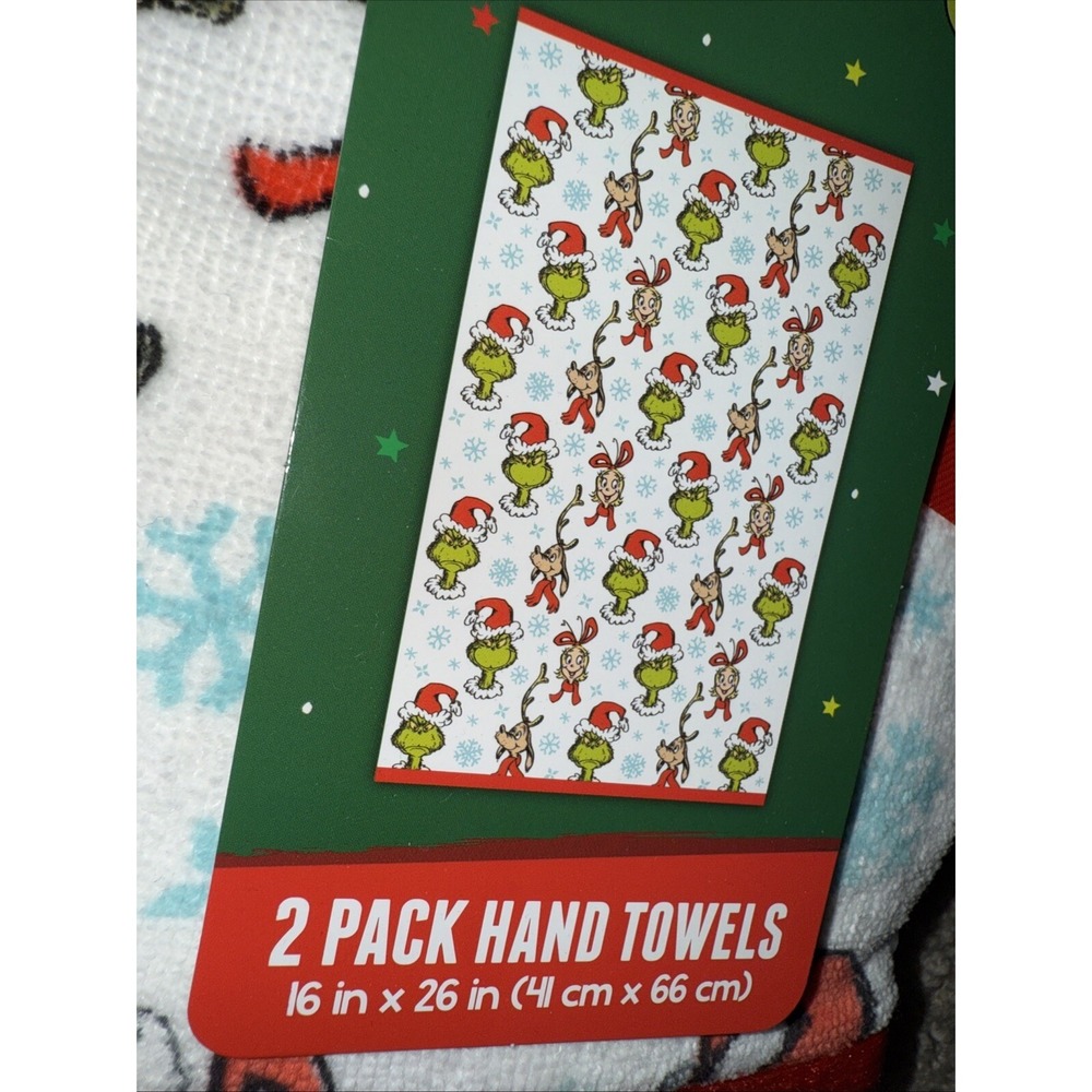 Dr Seuss The Grinch Christmas Bathroom Hand Towels 2-Pack White Cotton Print - Picture 4 of 4